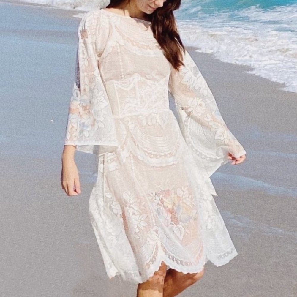 Vintage White Lace Sheer Bell Sleeve Floral Hippie Midi Dress - Picture 2 of 12